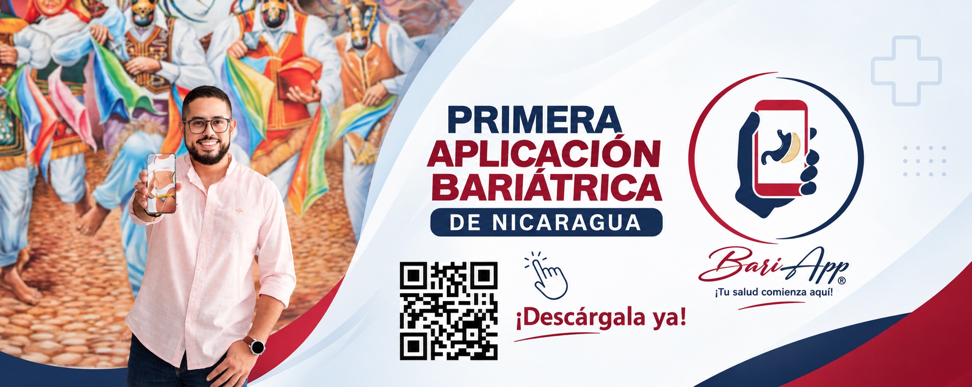 Bari App, primera aplicación bariátrica de Nicaragua: el Dr. Steve Henríquez muestra la aplicación en su teléfono junto al logotipo de Bari App y el lema «¡Tu salud comienza aquí!».