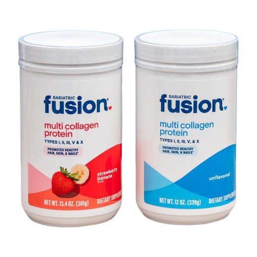 Envases de Bariatric Fusion Multi Collagen Protein, sabores fresa y banano y sin sabor